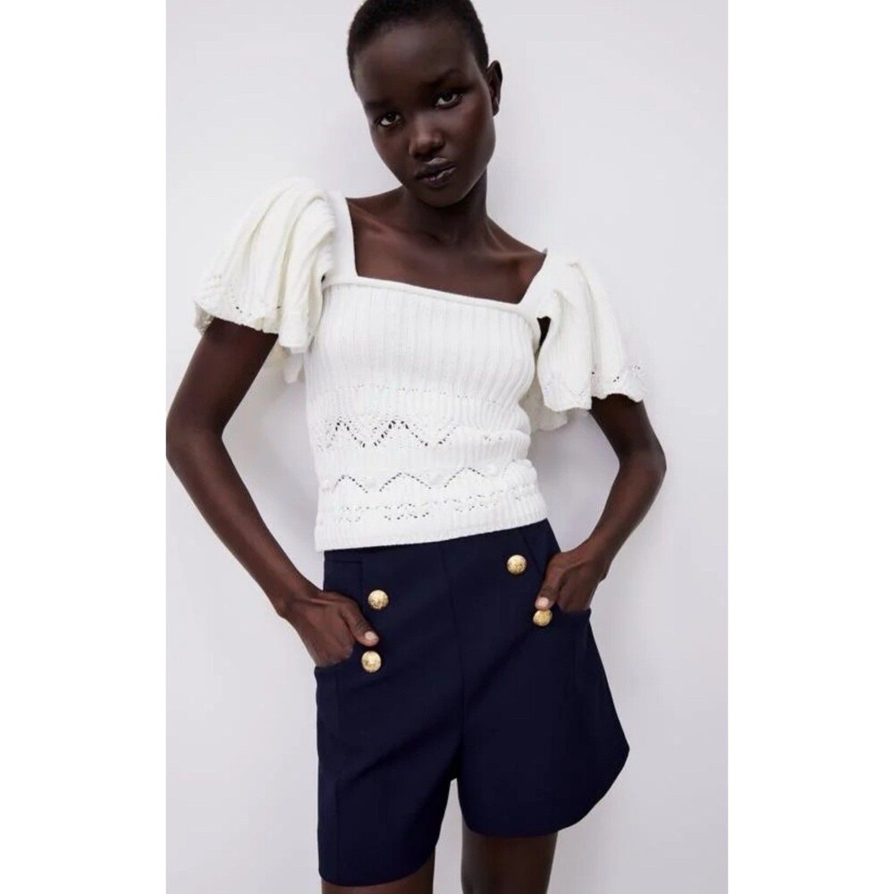 Zara Ruffle Knit Crochet Top Size S Color White